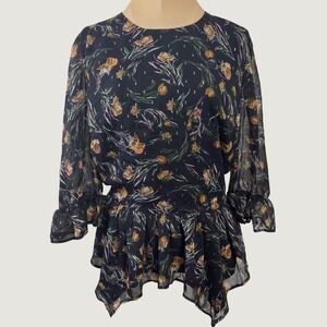 3322 | Metallic Floral Ruffle Peplum Blouse Navy Orange Boho Romantic Women M
